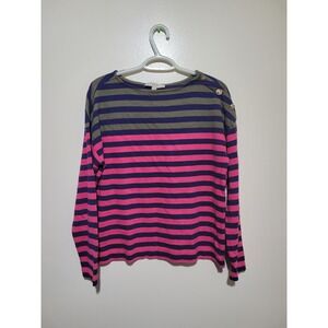 Loft Womens Striped Long Sleeve Top Pink Navy Olive Gold Button Shoulder Medium